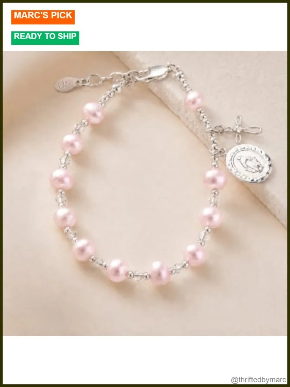 Girls Sterling Silver Rosary Bracelet, 14K Gold-Plated Adjustable First
